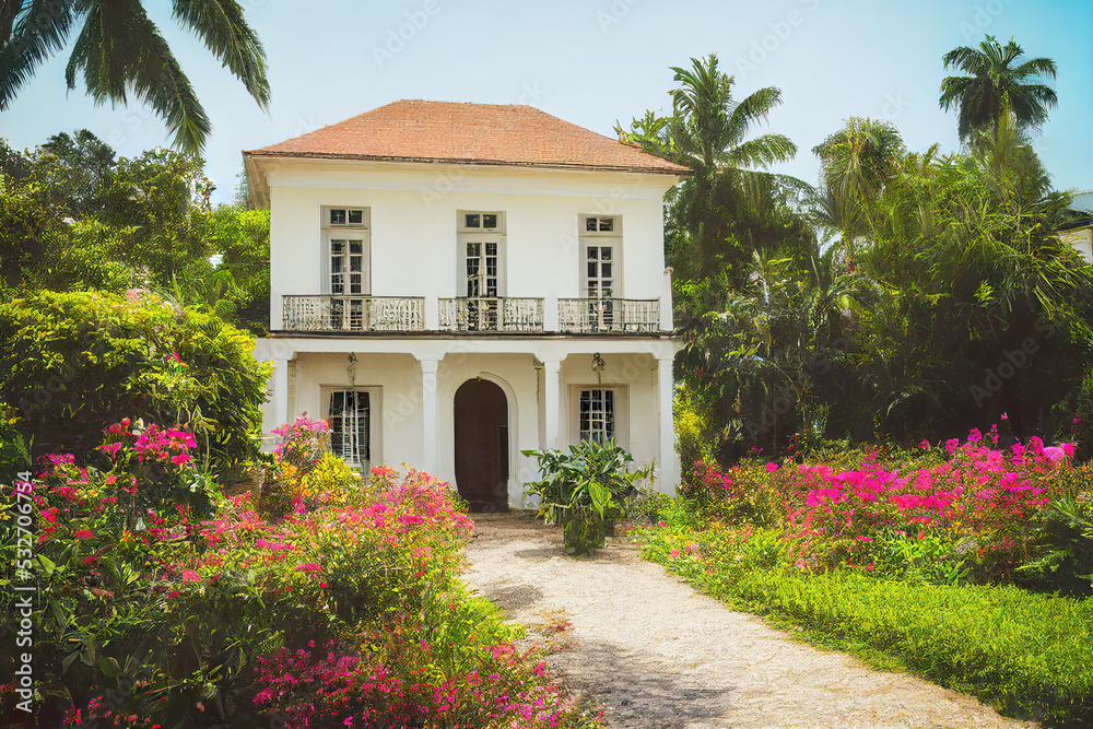 French colonial style house in beautiful summer garden with oleander and palm trees