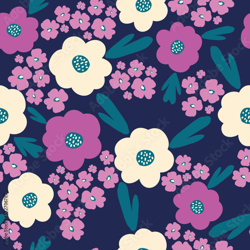 Seamless vintage pattern abstract. dark blue  background. white and pink flowers. vector texture. a bright trend print for textiles and wallpaper.