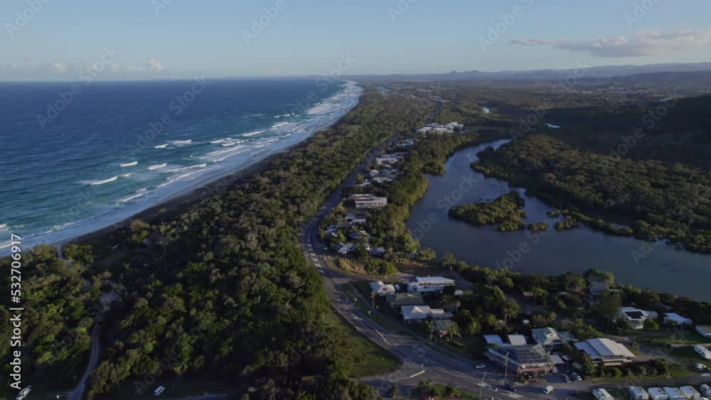 Idyllic Landscape Where River Meets The Sea At Hastings Point, New South Wales, Australia - aerial pullback Idyllic Landscape Where River Meets The Sea At Hastings Point, New South Wales, Australia - aerial pullback