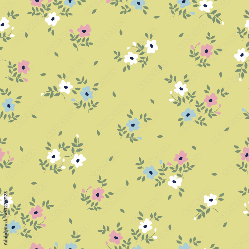 Vintage floral pattern with white,pink and blue  flowers on light green background. Seamless pattern for design and fashion prints.Stock vector illustration.