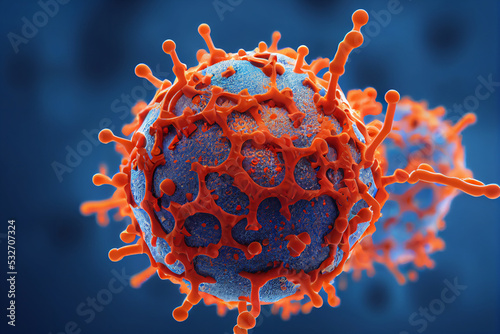 Colorful virus with surface receptors and spikes, covid-19 like virus, coronavirus type of resembling sars-cov-2, general virus concept 3d rendering