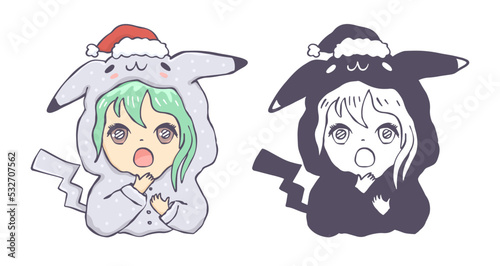 Cute girl with green hair. Cosplay Anime drawing for t-shirt design. Christmas illustration, girl with Santa Claus hat, cartoon.