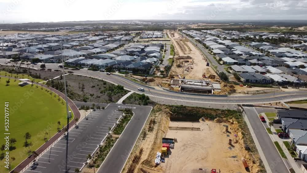 Yanchep Rail Extension Works Near Santorini Promenade, Perth Aerial Pan Left Yanchep Rail Extension Works Near Santorini Promenade, Perth Aerial Pan Left