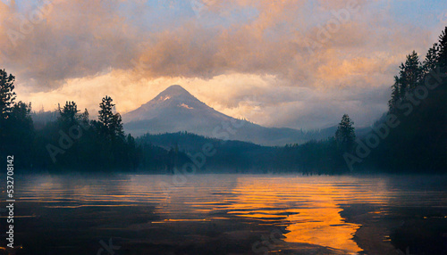 Beauriful prestine lake mountain cloudy sky photo