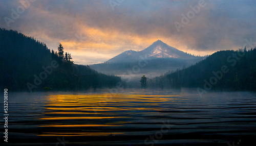 Beauriful prestine lake mountain cloudy sky