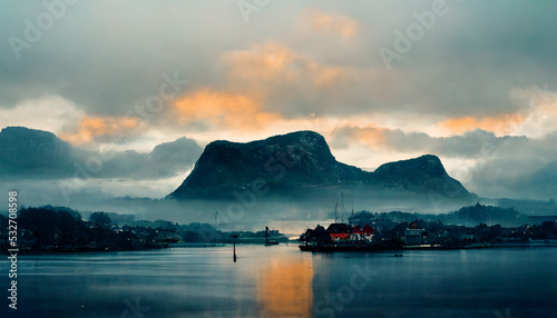 Stavanger Norway island ocean mountain house with cloudy sky photo