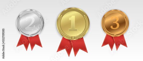 Set of gold, bronze and silver. Award medals isolated on transparent background. Vector illustration of winner concept.	
