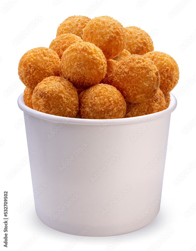 Delicious crispy Cheese ball in paper bucket isolated on white background, Cheese ball or cheesy puffs on white With clipping path. Delicious crispy Cheese ball in paper bucket isolated on white background, Cheese ball or cheesy puffs on white With clipping path.