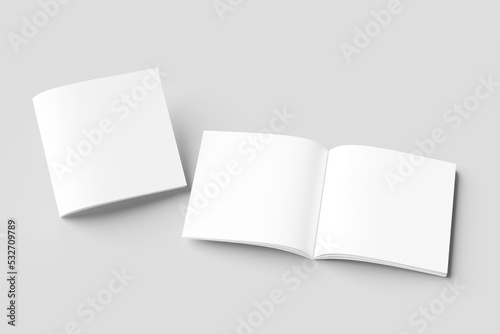 Open and closed square blank booklet on white background with soft shadow. 3d illustration