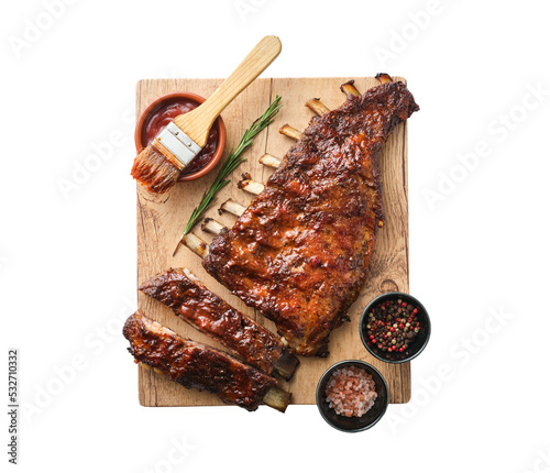 American style pork ribs glazed with  bbq souce with salt and pepper, isolated on white.