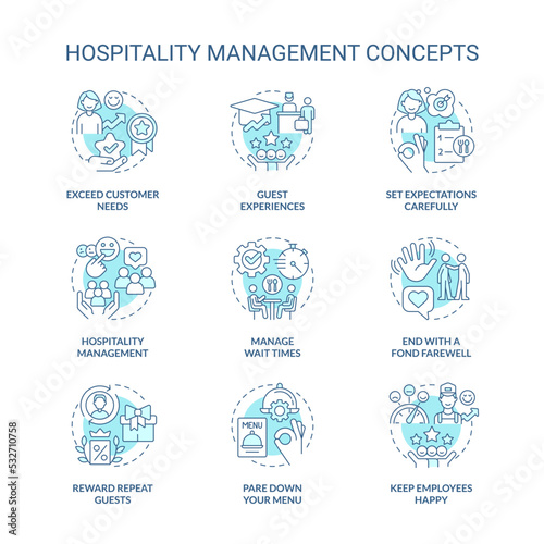 Hospitality management turquoise concept icons set. Restaurant, hotel industry idea thin line color illustrations. Isolated symbols. Editable stroke. Roboto-Medium, Myriad Pro-Bold fonts used