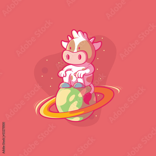 Cow Character on top of a planet in space vector illustration. Technology, space, funny design concept.