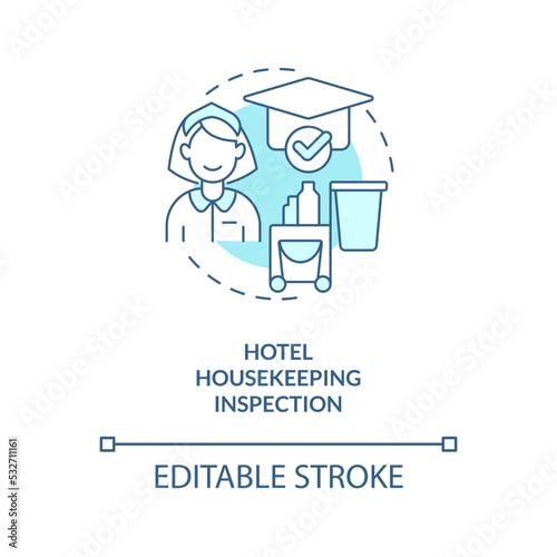 Hotel housekeeping inspection turquoise concept icon. Hospitality training course abstract idea thin line illustration. Isolated outline drawing. Editable stroke. Arial, Myriad Pro-Bold fonts used