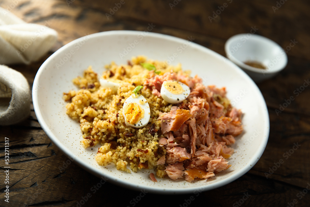 Pilau with salmon and quail eggs Pilau with salmon and quail eggs