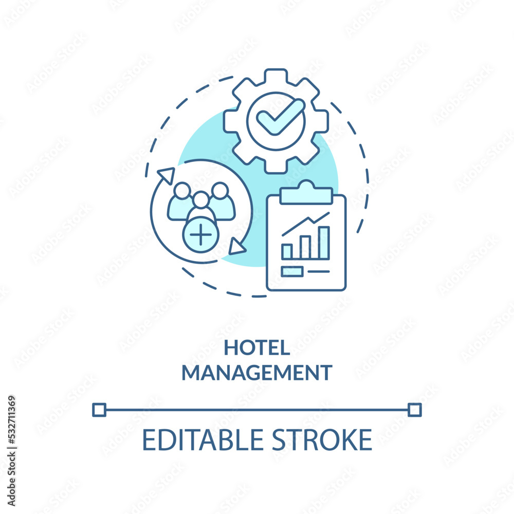 Hotel management turquoise concept icon. Hospitality training course abstract idea thin line illustration. Coordinating. Isolated outline drawing. Editable stroke. Arial, Myriad Pro-Bold fonts used
