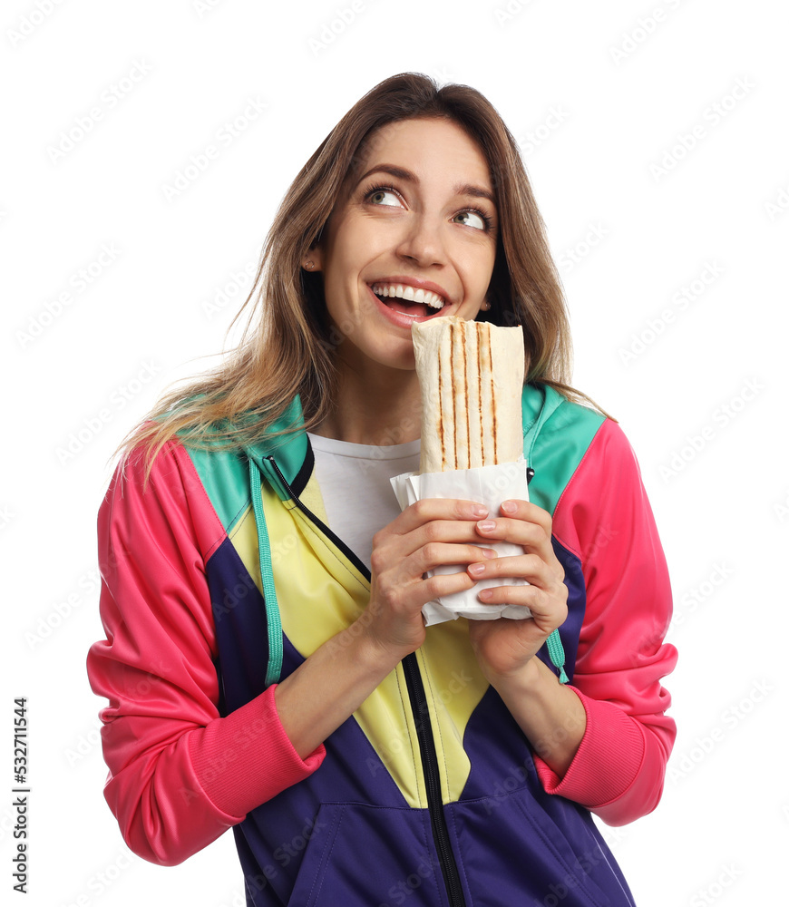Young woman with delicious shawarma on white background Young woman with delicious shawarma on white background