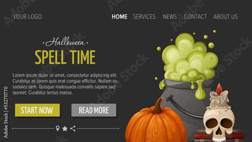 Boiling potion in cauldron, skull with candle, witchcraft books and pumpkin. Spell time. Halloween horizontal template for website, dark background. Vector illustration. For banner, store, sale