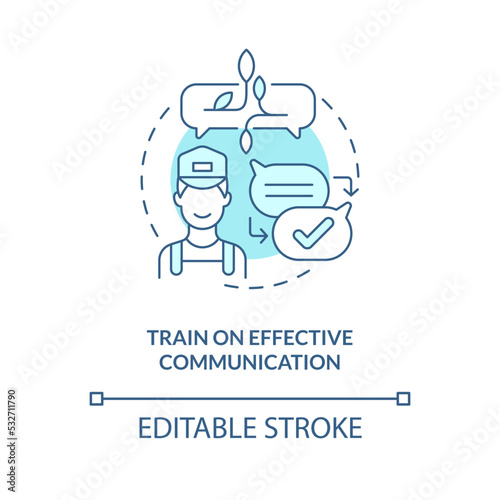 Train on effective communication turquoise concept icon. Restaurant customer service abstract idea thin line illustration. Isolated outline drawing. Editable stroke. Arial, Myriad Pro-Bold fonts used