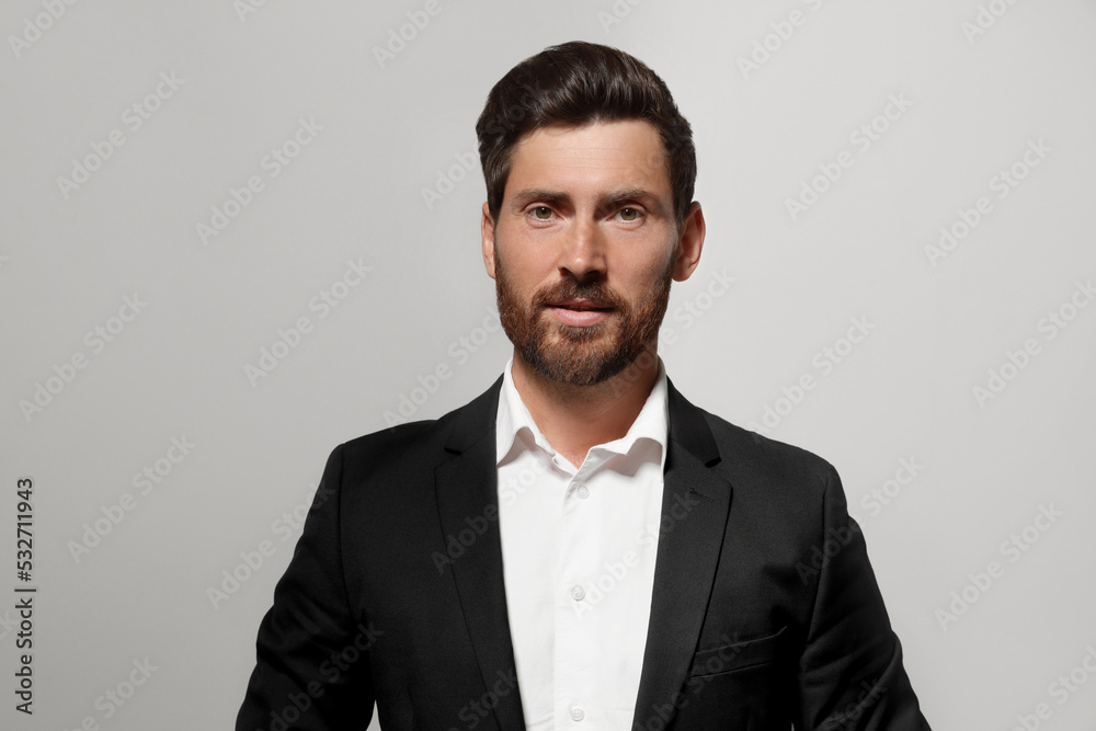 Portrait of handsome bearded man in suit on light grey background Portrait of handsome bearded man in suit on light grey background