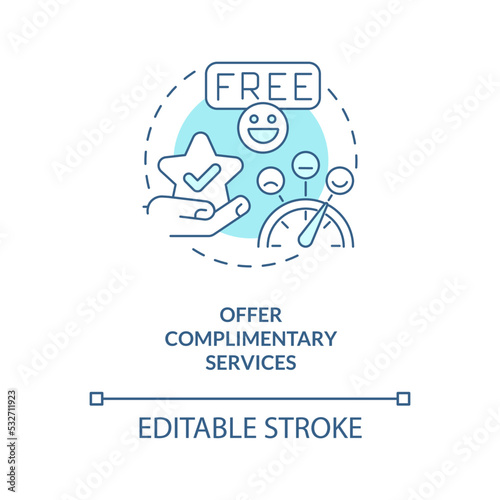 Offer complimentary services turquoise concept icon. Increase guest satisfaction abstract idea thin line illustration. Isolated outline drawing. Editable stroke. Arial, Myriad Pro-Bold fonts used