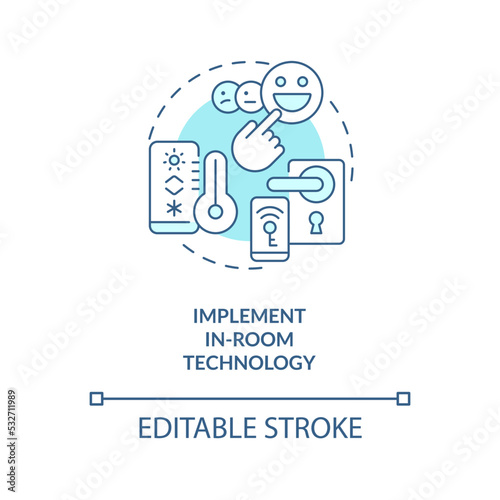 Implement in-room technology turquoise concept icon. Maintaining guest satisfaction abstract idea thin line illustration. Isolated outline drawing. Editable stroke. Arial, Myriad Pro-Bold fonts used