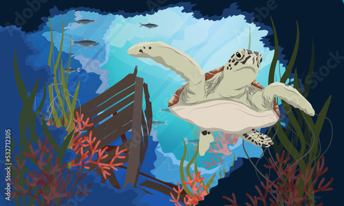 Green sea turtle swims into an underwater cave near a sunken ship. Tropical coral reef with fish and algae. Realistic vector underwater landscape.