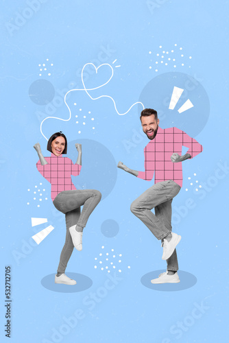 Vertical collage image of two delighted overjoyed people raise fists celebrate painted heart line connect head isolated on creative background