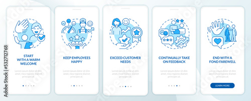 Improving hotel customer service blue onboarding mobile app screen. Walkthrough 5 steps editable graphic instruction with linear concepts. UI, UX, GUI template. Myriad Pro-Bold, Regular fonts used