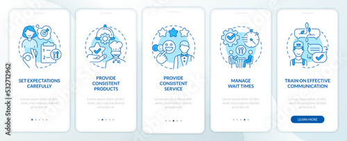 Restaurant customer service skills blue onboarding mobile app screen. Walkthrough 5 steps editable graphic instruction with linear concepts. UI, UX, GUI template. Myriad Pro-Bold, Regular fonts used