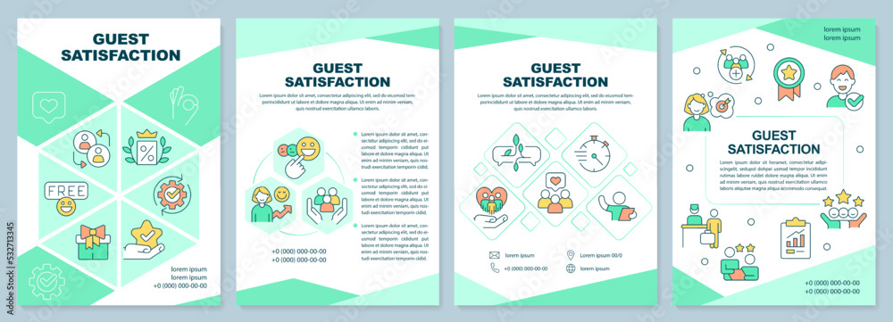 Visitors satisfaction mint brochure template. Hospitality. Leaflet design with linear icons. Editable 4 vector layouts for presentation, annual reports. Arial-Black, Myriad Pro-Regular fonts used