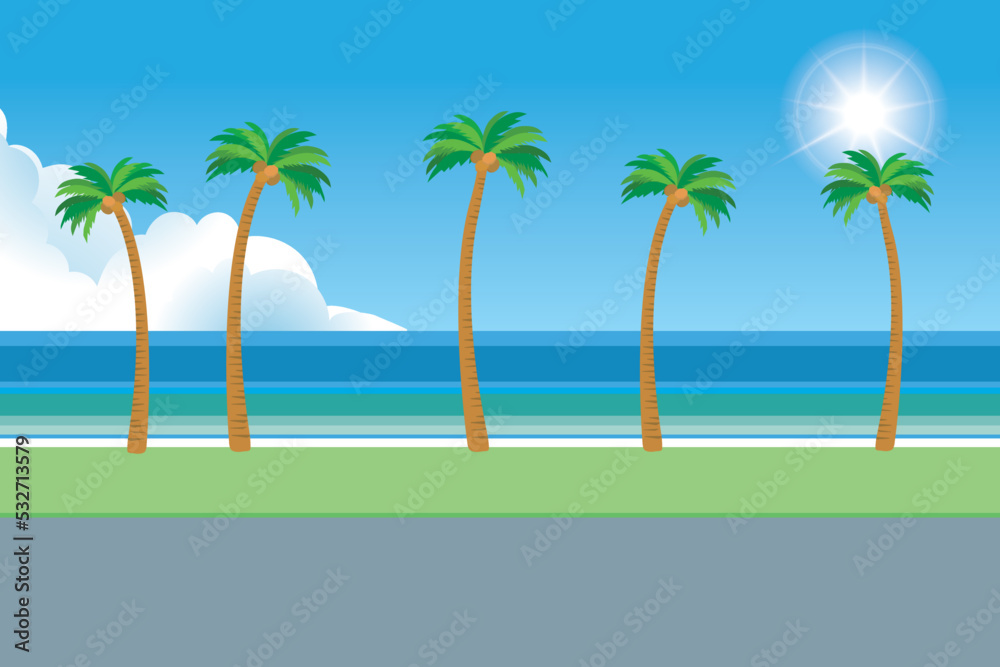 リゾート　バカンス旅行のイメージの風景　背景イラスト　青空と海とヤシの木　椰子　トロピカル