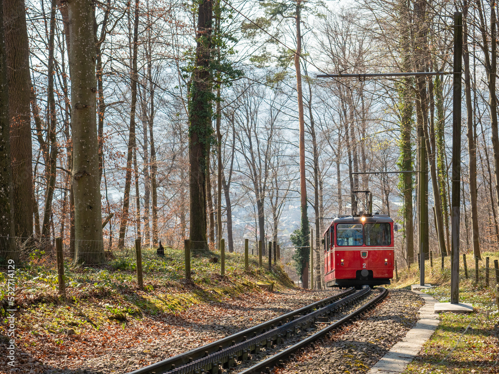 Zurich, Switzerland - March 26th 2022 - Red waggon of the Dolder cog railway 