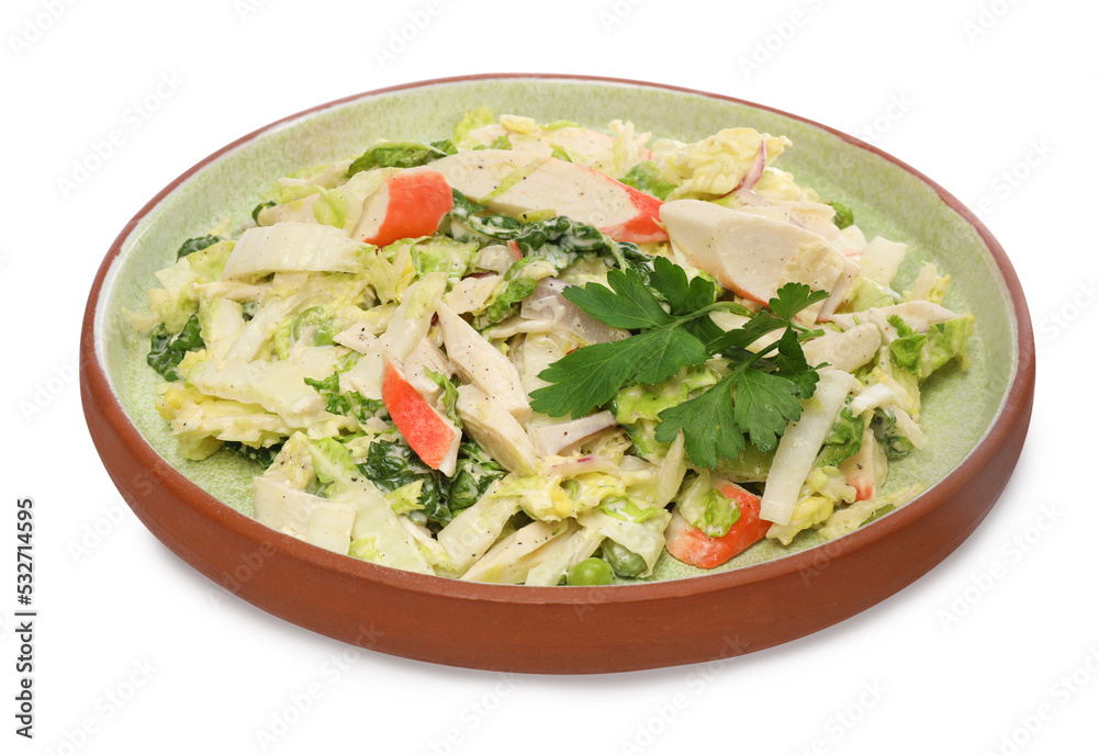 Delicious salad with Chinese cabbage, crab sticks and parsley isolated on white Delicious salad with Chinese cabbage, crab sticks and parsley isolated on white