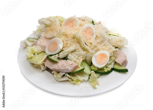 Delicious salad with Chinese cabbage, eggs and meat isolated on white