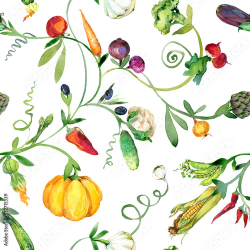 Fototapeta Naklejka Na Ścianę i Meble -  watercolor vegetables. Organic fresh food seamless pattern. vegetable background. Traditional botanical illustrations.