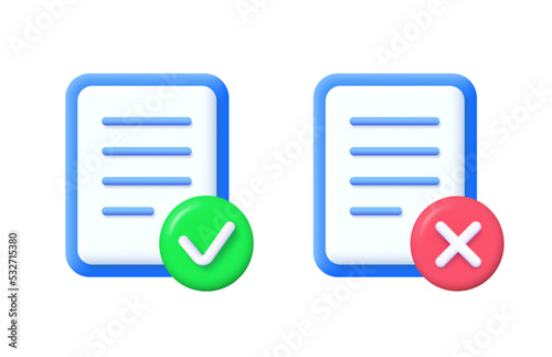 3d document icon with right and wrong button. Vector illustration.