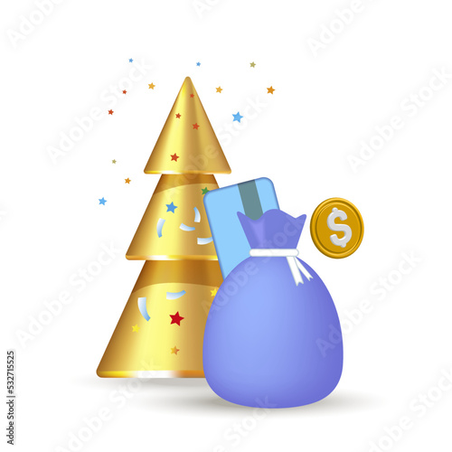 A golden fir tree and a money bag with dollars. Business and financial solution,
the concept of payment and down payment. 3d vector illustration.