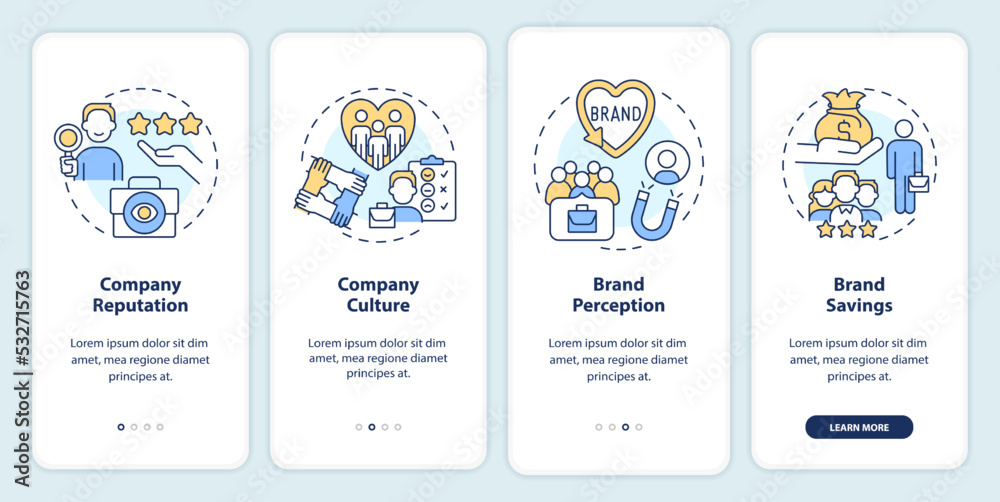 Benefits of HR branding onboarding mobile app screen. Employer brand walkthrough 4 steps editable graphic instructions with linear concepts. UI, UX, GUI template. Myriad Pro-Bold, Regular fonts used Benefits of HR branding onboarding mobile app screen. Employer brand walkthrough 4 steps editable graphic instructions with linear concepts. UI, UX, GUI template. Myriad Pro-Bold, Regular fonts used