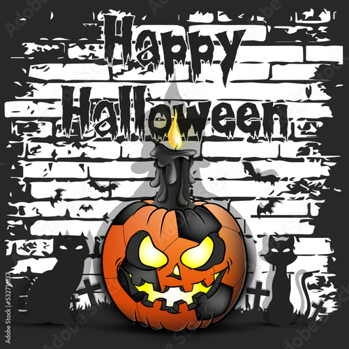 Happy Halloween. Soccer ball in the form of a pumpkin with a candle and cats against the background of bricks. Pattern for banner  poster  greeting card  invitation. Vector illustration 
