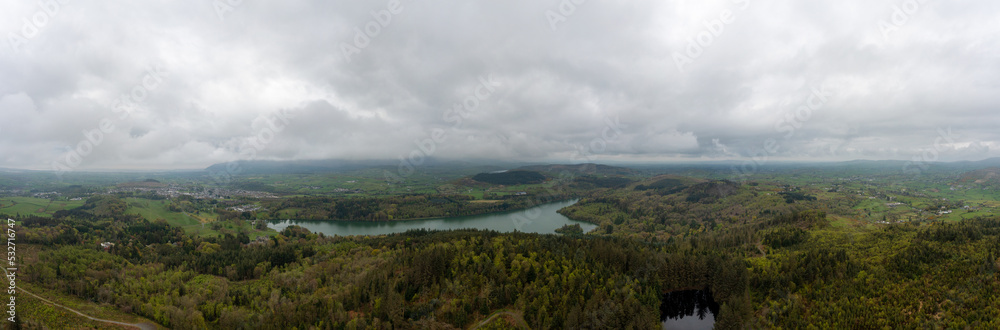 aerial panoramic view of cloudy countryside during May, Northern Ireland