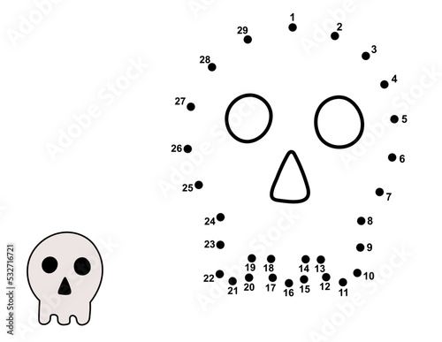 Dot to dot game for kids. Connect the dots and draw a cute skull. Halloween puzzle activity page for children. Vector illustration