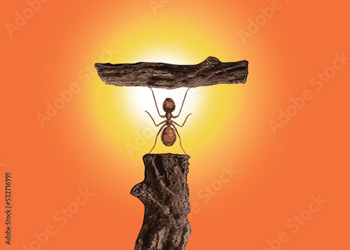 Strong ant lifting a tree trunk. Motivation. Vector illustration.