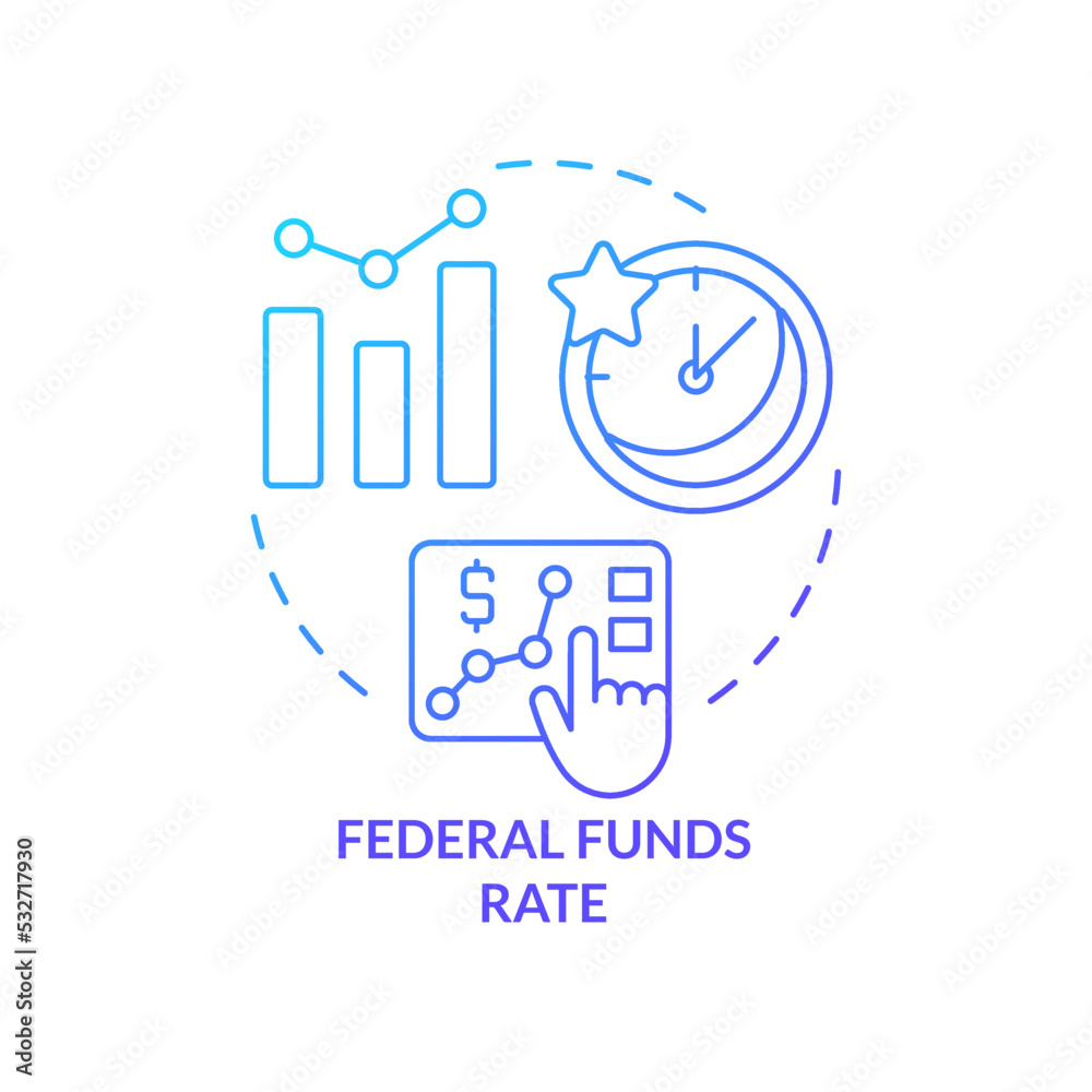 Federal funds rate blue gradient concept icon. Banking. How can government deal with inflation abstract idea thin line illustration. Isolated outline drawing. Myriad Pro-Bold font used Federal funds rate blue gradient concept icon. Banking. How can government deal with inflation abstract idea thin line illustration. Isolated outline drawing. Myriad Pro-Bold font used