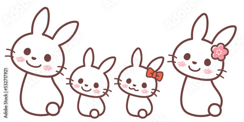 ウサギの家族のイラスト（ふりむき）茶色ライン © shibu