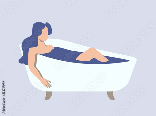 Self care illustration with young woman washing in bathroom with warm water