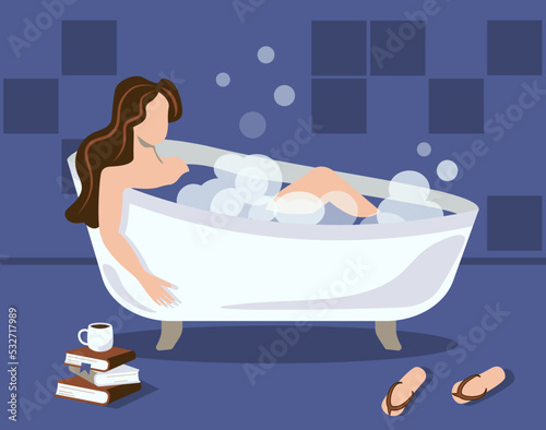 Self-care illustration with young woman washing in bathroom with foam and bubbles