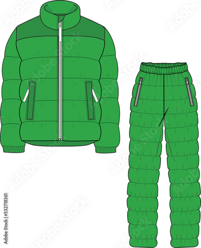 UNISEX WEAR SNOW SUIT PUFFER JACKET AND JOGGER SET VECTOR