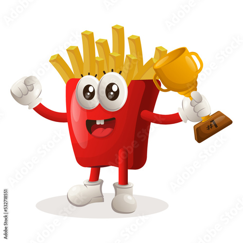 Cute french fries mascot winning award and celebrating success