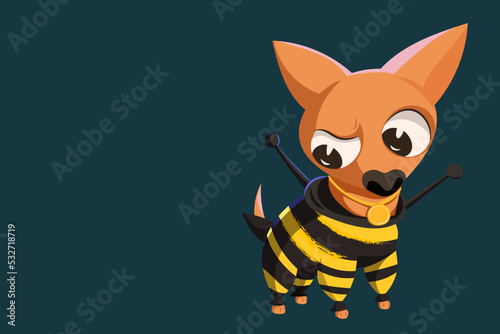 Vector frowning chihuahua terrier dog looks with contempt. Cute dog in a funny bee costume. Distrustful dog in warm overalls