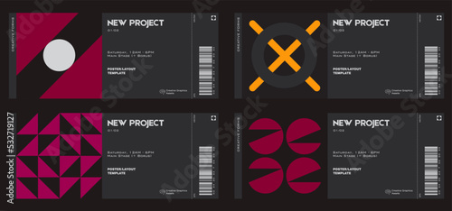Ticket vector template layout with abstract  vector geometric shapes. Brutalism inspired graphics. Great for branding presentation, poster, cover, art, tickets, prints, etc.